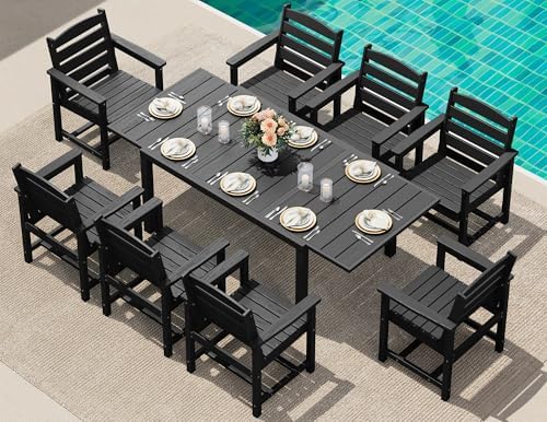 SERWALL HDPE and Aluminum Outdoor Dining Set for 8, Black by SERWALL