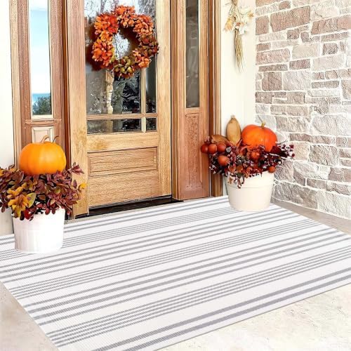 3'x 5'Outdoor Rug,Grey and White Striped Front Porch Mat Indoor Area Rug - Image 3