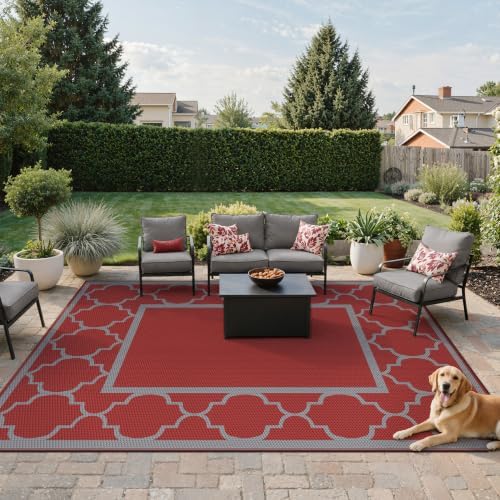 GENIMO Outdoor Rug, Waterproof Plastic Rugs for Patio, 8'x10' Red Grey - Image 2