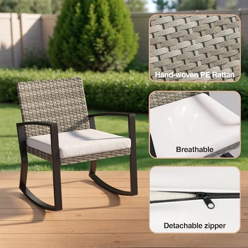 Qsun 3 Pieces Outdoor Patio Furniture Set Rocking Bistro Set, Outdoor Patio Furniture Set with Coffee Table for Garden Balcony Backyard Poolside (Light Grey Cushion) - Image 7