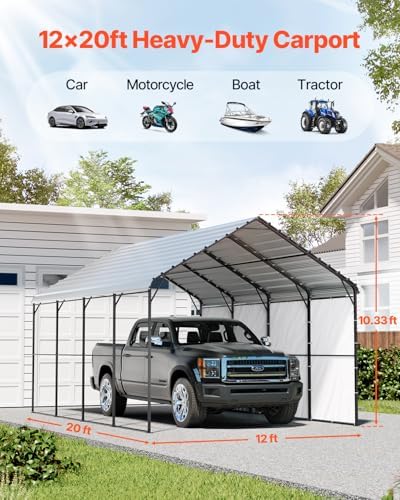 VEVOR Heavy Duty Metal Carport, 12' x 20' Outdoor Carport with Galvanized Steel Frame & Roof, Car Tent Garage Shade with Removable Sidewalls, Multi-Use Car Shelter for Pickup, Boat, Car & Tractors - Image 2