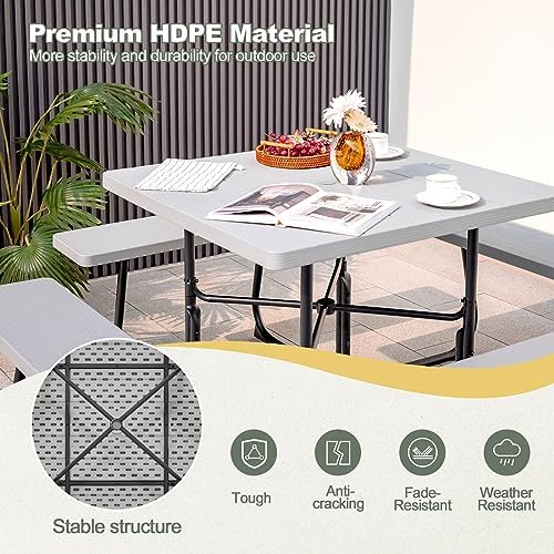 Tangkula 8 Person Square Picnic Table with 4 Built-in Benches, Grey - Image 4