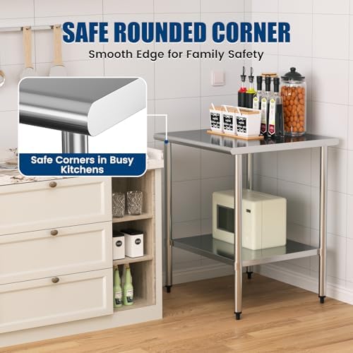 Stainless Steel Work Table 30 x 30 Inch with Adjustable Undershelf, Heavy-Duty Metal Prep Table for Commercial Kitchen & Restaurant, Garage, Outdoor - Image 5