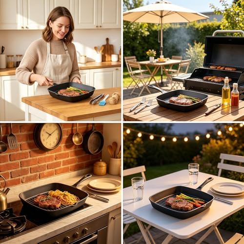 Cast Iron Grill Pan, 9.5" Square Griddle Skillet with Pour Spout, Oven Safe - Image 7