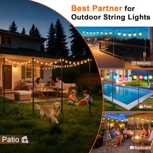 10 Pack String Light Poles for Outside, Upgraded Heavy-Duty Metal Poles for Outdoor String Lights with Fork, Adjustable Lighting Hanging Accessories for Patio Decor Pergola Backyard Garden Decorations - Image 3