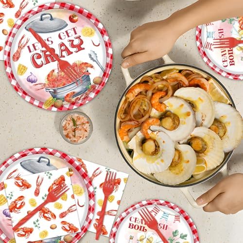 Gameza Crawfish Boil Party Decorations, 96PCS Crawfish Paper Plates Napkins Table Birthday Decoration, Crayfish Crab Seafood Shrimp Theme Forks Decor Supplies for Summer Serve 24 - Image 6
