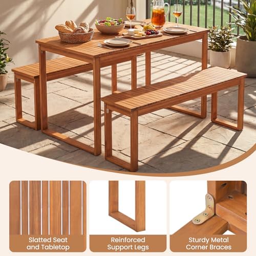Tangkula 3 Pieces Patio Wooden Dining Set, Acacia Wood Rectangular Picnic Beer Table with 2 Benches for 4 People, Outdoor Dinner Furniture Set for Backyard, Garden and Poolside - Image 7