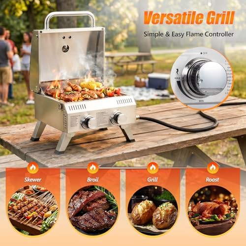 ROVSUN 2 Burner Portable Gas Grill, 20000 BTU Outdoor Tabletop Propane Grill with Ignition, Built-in Thermometer & Full Stainless Steel Body for Patio Garden Backyard Camping BBQ Picnic - Image 5