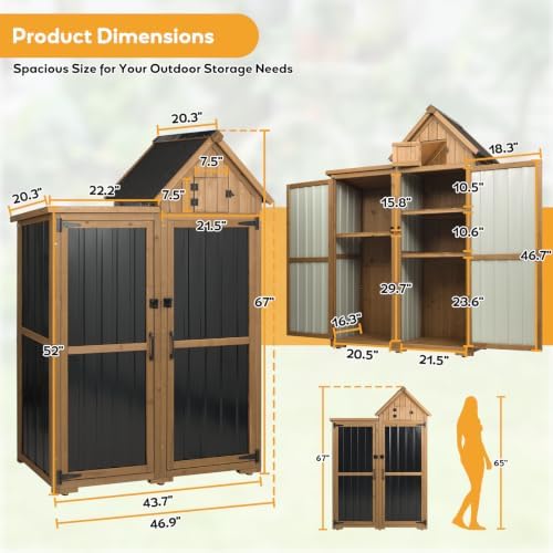 PetsCosset Outdoor Storage Cabinet Wood & Metal Garden Shed with Lockable Doors, 3 Adjustable Shelves, Weatherproof Patio Backyard Storage for Tools & Garden Supplies - Image 3