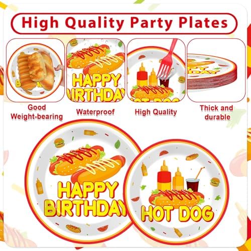96Pcs Hot Theme Dog Birthday Party Paper Plates and Napkins for Fast Food Themed Party Supplies Hot Dog Themed Paper Dessert Plates Picnic BBQ Tableware Set for 24 Guests Birthday Party Decorations - Image 3