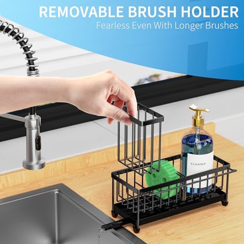 Cisily Sponge Holder for Kitchen Sink, Sink Caddy Organizer with High Brush Holder, Kitchen Countertop Organizers and Storage Essentials, Rustproof 304 Stainless Steel (Black with Towel Rack, 9.25″) - Image 5