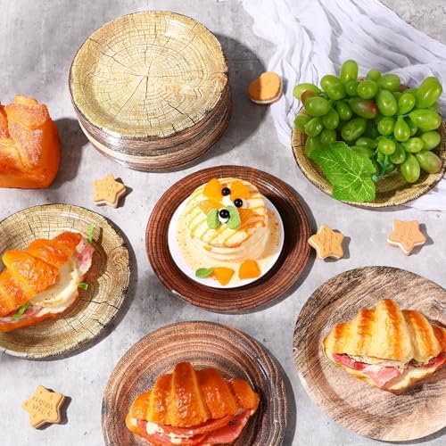 80 Pcs Camping Birthday Party Supplies 7 Inch Wood Grain Paper Plates Rustic Wood Slice Dessert Plates for Hunting Birthday Decorations Woodland Party Dinnerware - Image 6