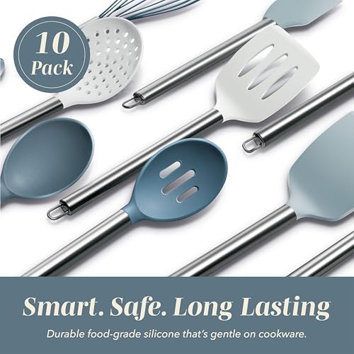 COOK WITH COLOR Silicone Cooking Utensils, Kitchen Utensil Set, Easy to Clean Silicone Kitchen Utensils, Cooking Utensils for Nonstick Cookware, Kitchen Gadgets Set, 10 Pieces, Blue and White - Image 3