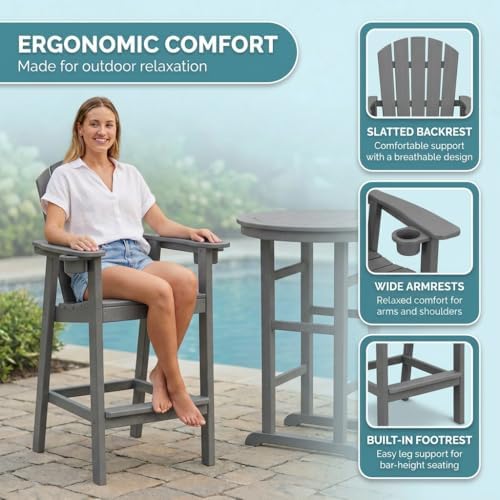 3-Piece Gray HDPE Indoor/Outdoor Bar Height Bistro Set, 31.1" Round Pub Table with 2 Bar Stools, All-Weather Patio Furniture for Balcony, Deck, Poolside & Coastal Use - Image 7