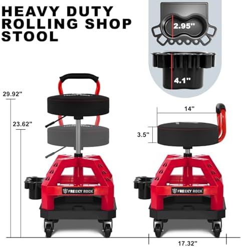 Rolling Shop Stool with Wheels, Heavy Duty Garage Work Mechanic Stool with Backrest, Adjustable Height 360°Swivel Rolling Chair with Tool Tray Storage, 330 LBS Capacity, Red - Image 2