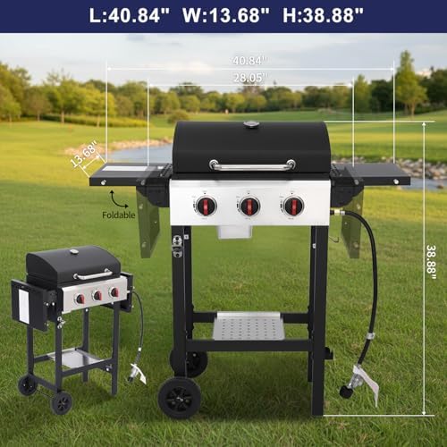 3-Burner Propane Gas Grill with Cast Iron Grate, 30,000 BTU Output & 252 Sq. Inch Cooking Space, Easy-Clean System & Foldable Side Tables for Outdoor BBQ (3-Burner) - Image 2