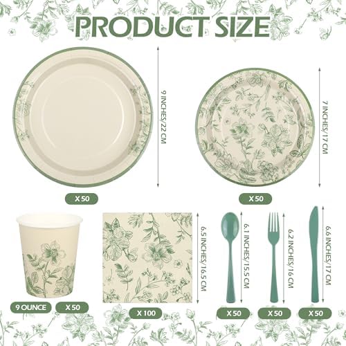 Kochorie 400 Pieces Sage Green Disposable Tableware Sets, Green and White Flower Party Supplies Set with Plates Cups Napkins Cutlery Serves 50 for Wedding Birthday Bridal Shower Party Decorations - Image 2