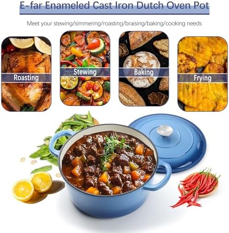 E-far Dutch Oven Pot with Lid, 5 Quart Enameled Cast Iron Round Dutch Oven Stockpot for Bread Baking/Braising/Cooking/Roasting/Stewing, Heavy Duty Nonstick Cookware Safe for Induction & Oven - Blue - Image 3