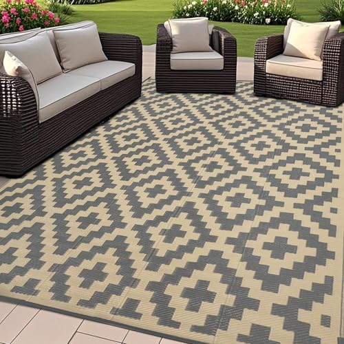 SAND MINE 6 x 9 Ft Reversible Mats, Plastic Straw Rug, Modern Area Rug, Large Floor Mat and Rug for Outdoors, RV, Patio, Backyard, Deck, Picnic, Beach, Trailer, Camping, Grey & Tan by SANDMIND