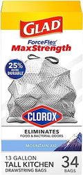 Glad ForceFlex MaxStrength with Clorox Tall Kitchen Trash Bags, 13 Gal, 34 Ct (Package May Vary) by GladTrashFoodStorage