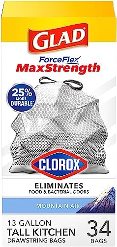 Glad ForceFlex MaxStrength with Clorox Tall Kitchen Trash Bags, 13 Gal, 34 Ct (Package May Vary) by GladTrashFoodStorage