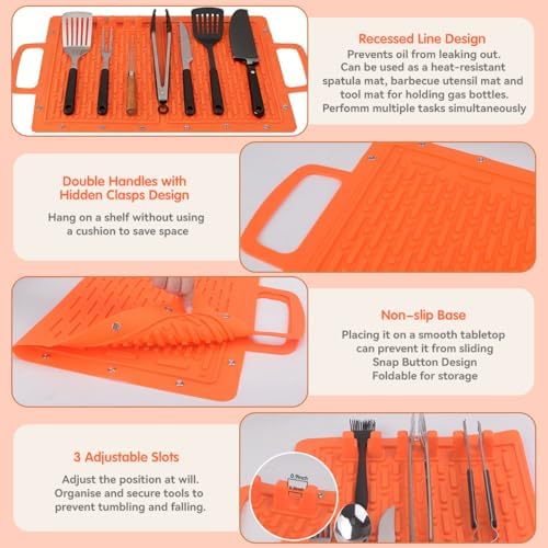 LIONROGE Large Silicone Grill Mat, Foldable Silicone Griddle Tools Spatula Mat with Drip Pad & Handle & Snap Buttons, Portable BBQ Side Shelf Mats Grill Pad for Blackstone Griddles Accessories,Orange - Image 6