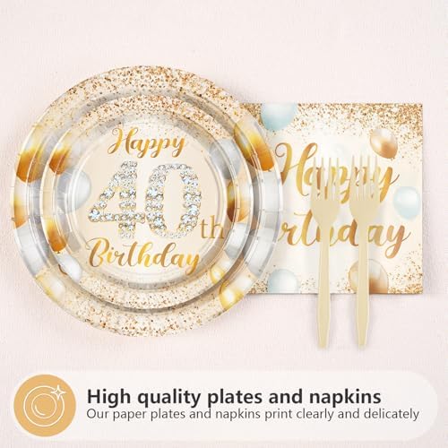 96Pcs Happy 40th Birthday White and Gold Party Decorations,Serves 24 - Image 2