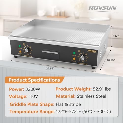 ROVSUN 26" Electric Griddle, Electric Countertop Half Flat Top Griddle, 3200W Grill Stainless Steel with Adjustable Temperature Control 122°F-572°F for Commercial Home Restaurant, Plug - Image 7
