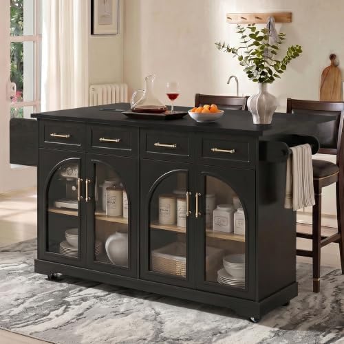 65" Rolling Kitchen Island with Storage and Drop Leaf & Arched Door Black - Image 3