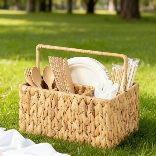 Wicker Storage Basket with 4 Compartments, 14.2 x 7.9 x 5.5 in Divided Organizer for Picnic, Kitchen Cutlery, Utensil and Condiment Bottles, Handled Woven Bin for Tabletop and Outdoor Use - Image 2
