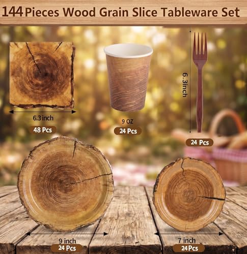 144 Pcs Disposable Rustic Wood Grain Slice Tableware Set for 24 Guests - Image 2