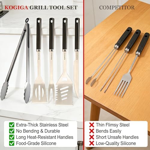 Heavy Duty BBQ Tools Grill Tools Set - Stainless Steel BBQ Grilling Tools Set with Serrated Spatula, Tongs, Knife, Spatula - Outdoor Barbecue Accessories Kit, Grilling Gifts for Men Dad - Image 3