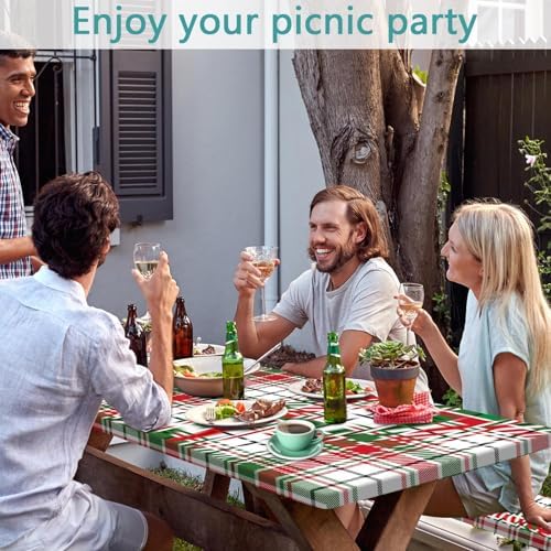 Red Green White Plaid Picnic Table Cover with Bench Covers and Bag, Camping Essentials, Water Resistant Windproof, Fitted Tablecloth Cover with Elastic Edge, for Indoor & Outdoor 3 PCS, 30x96 Inch - Image 4