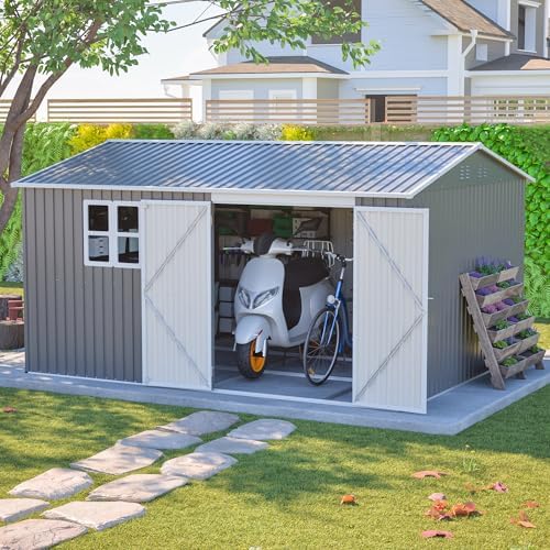 YOPTO 12x10 FT Outdoor Storage Shed,Metal Shed W/Window & Floor Frame,Garden Tool House W/Sloped Roof,Lockable Doors & Air Vents,for Backyard Patio Lawn,Gray - Image 3