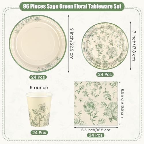 Kochorie 96 Pieces Sage Green Floral Party Supplies Elegant Floral Disposable Tableware Set Includes 9 Inch and 7 Inch Paper Plates, Cups, Napkins Serves 24 Guests for Birthday Baby Shower Wedding - Image 2