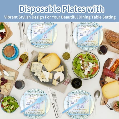 75PCS Greenery Baby Shower Plates and Napkins Decorations Party Favors, 7Inch A Sweet Baby Is on His Way Baby Boy Shower Paper Plates Disposable Dessert Tableware Party Supplies - Image 5