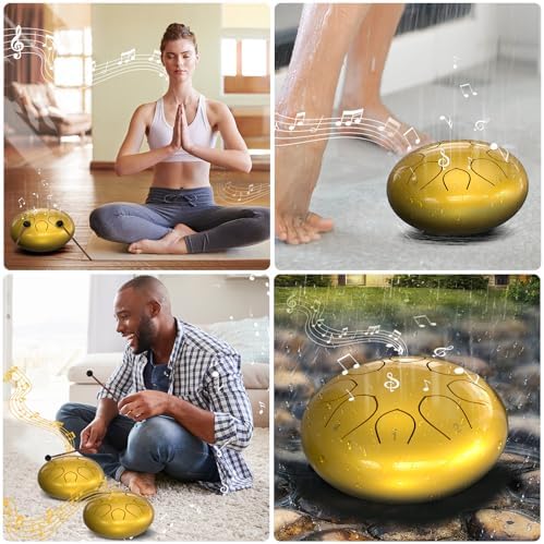 Rain Drum for Outside Garden, 6 Inches 8 Notes Steel Tongue Drums, Waterproof Meditation Rain Chime, Musical Instruments for Adult Gift with Bag, Music Book, Mallets (Gold) - Image 6