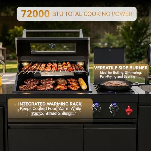 85" Modular Outdoor Kitchen Island,4-Burner 72,000 BTU Stainless Steel Propane Grill with Side Burner,Infrared Burner,Refrigerator,Sink,and Granite Countertop.Gas Grill for Backyard & Patio BBQ. - Image 6