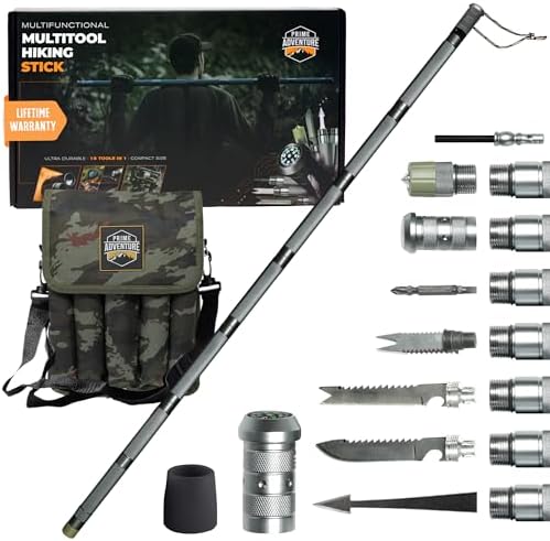 Prime Adventure 15-in-1 Tactical Survival Walking Stick & Hiking Staff – Heavy-Duty Collapsible Multitool for Camping, Hiking & Outdoor Survival Gear (8 Tubes, Premium Build) by PrimeAdventure