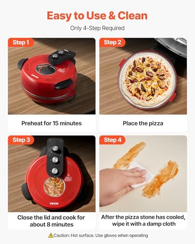 VEVOR 14 in Pizza Oven Indoor, XL Large Electric Pizza Maker, 1600W Home Compact Pizzas Cooker with Timer & Temp Knob, 5 Heating Level, Max 698 ˚F Countertop Oven with Cutter & Scraper, Retro Red - Image 6