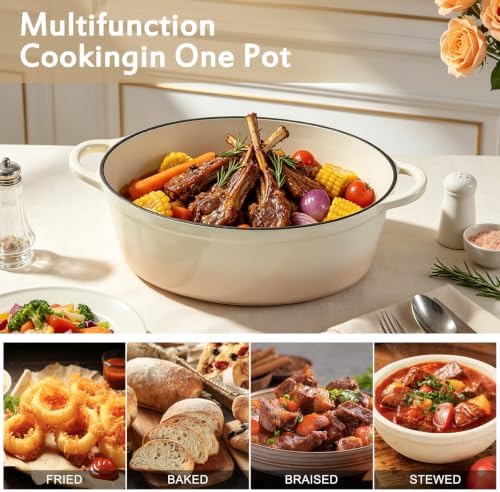Enameled Dutch Oven Pot with Lid, 7 QT Cast Iron Dutch Oven with Dual Handles, Oval Dutch Oven for Cooking, Bread Baking, Frying, Non-stick Enamel Coated Oven (Caramel White) - Image 6