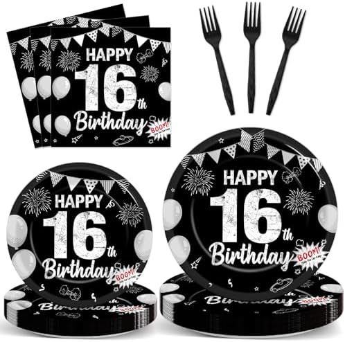 96PCS 16th Birthday Party Paper Plates and Napkins and Forks Set for Black sweet 16 Years Old Party Paper Plates Disposable Decor Happy 16th Parties Set for Kids Birthday Gatherings Decorations by Oitnlaughter