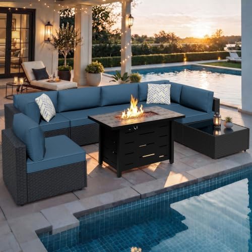Shintenchi 8 Piece Outdoor Patio Furniture Set with 43 Inch Propane Fire Pit, Washable Cushions, Glass Coffee Table, Waterproof Cover & CSA Certified for Backyard Poolside, Black PE Rattan/Navy Blue by Shintenchi%7CFurnitureMadeforRealLife