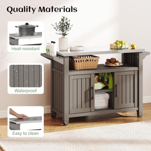 Bifanuo Outdoor Grill Table Grill Cart with Stainless Steel Top & Storage Cabinet for Food Prep and Storage, Portable and Durable with Wheels (Grey) - Image 3