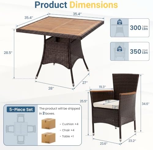 Wisteria Lane 5-Pieces Patio Dining Sets, Rattan Outdoor Table and Chairs with Acacia Wood Tabletop, Metal Patio Dining Furniture for 4 with Removable Cushions for Garden Backyard Deck, Brown - Image 2