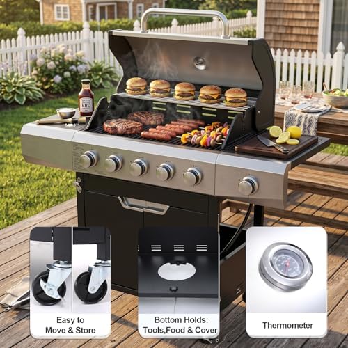 Endark Upgraded 58,500 BTU 5-Burner Stainless Steel Propane Gas Grill – Outdoor BBQ Grill with Side Burner & Porcelain Grates, Barbecue Grill Wheeled for Patio, Garden, Backyard - Image 4