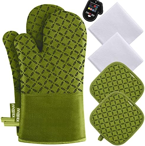 KEGOUU Oven Mitts and Pot Holders 6pcs Set, Kitchen Oven Glove High Heat Resistant 500 Degree Extra Long Oven Mitts and Potholder with Non-Slip Silicone Surface for Cooking (Olive Drab) by KEGOUUOvenMitt