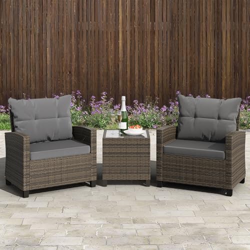 Shintenchi 3 Pieces Patio Furniture Set 3 Pieces PE Rattan Wicker Chairs with Table Outdoor Furniture for Backyard/Garden/Poolside/Outdoor Restaurant Gary Rattan with Gary Cushion - Image 2