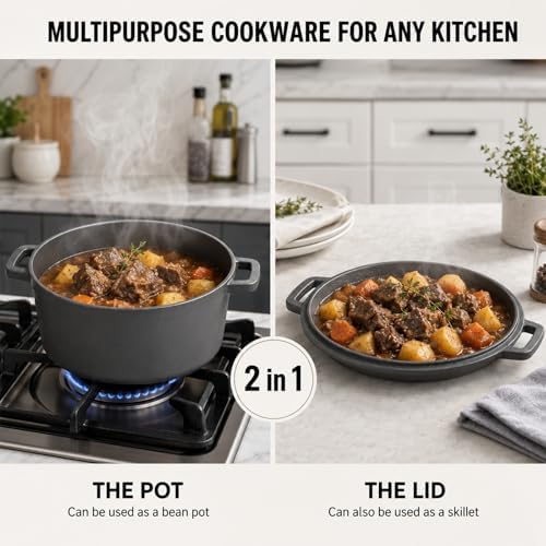 Cast Iron 5 Quart Double Dutch Oven-2-in-1 Pre-Seasoned Pot & Skillet Combo - Image 5