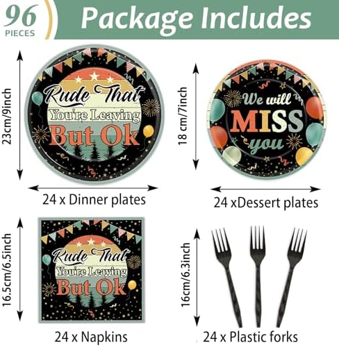 96PCS Rude That You're Leaving But OK Paper Plates and Napkins Vintage Farewell Retirement Party Supplies We Will Miss You Tableware Set for 24 Guests for Women Men Office Retirement Decorations - Image 2